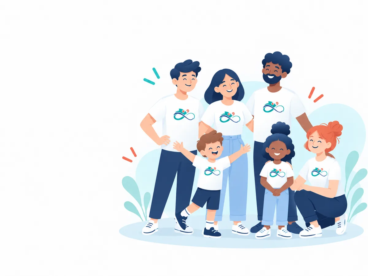 Des membres d'une association, adultes et enfants, tous dans le même t-shirt à leur logo