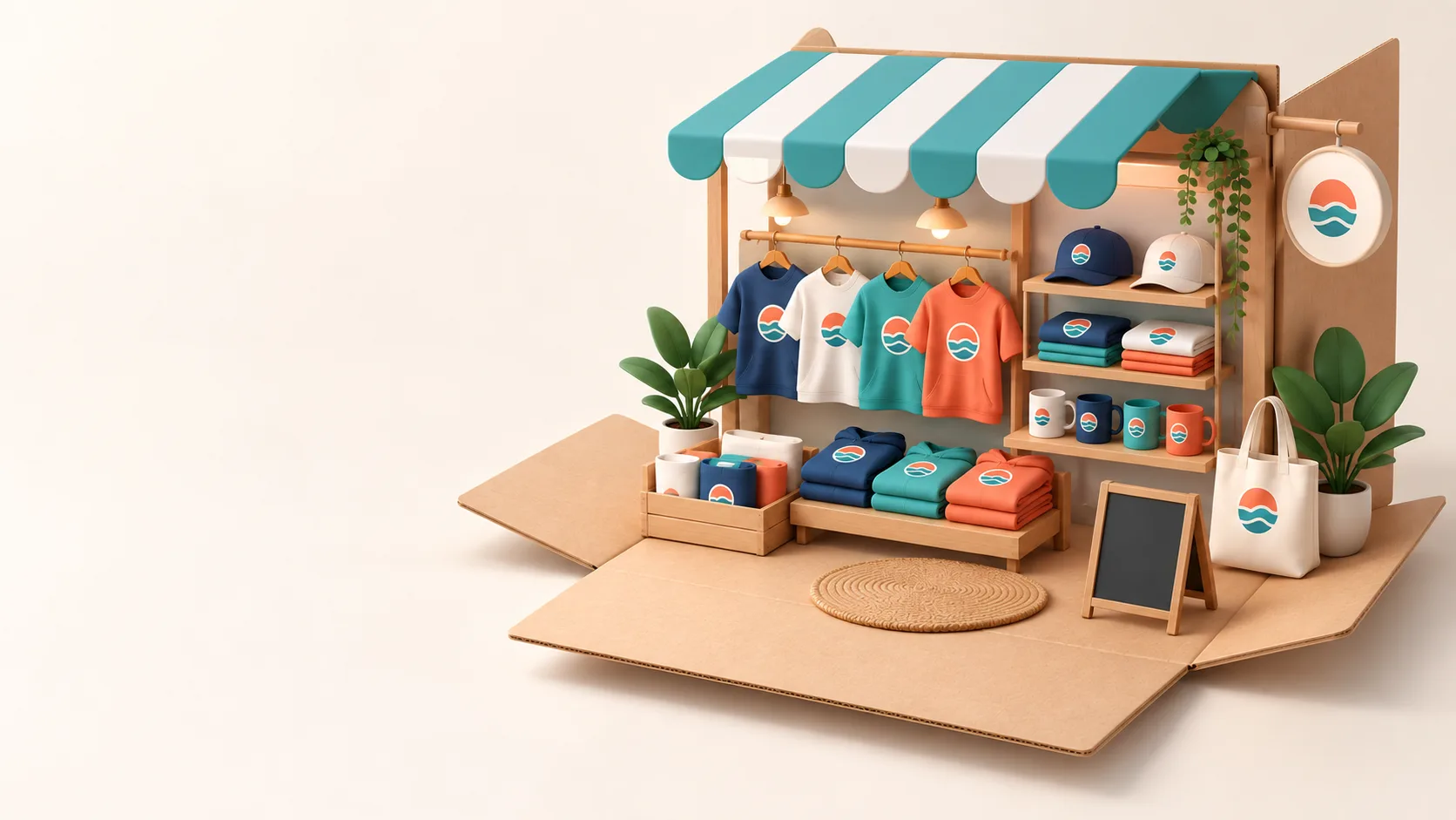 Un carton posé au sol, ouvert en boutique pop-up : t-shirts, sweats, casquettes, mugs et tote bags aux couleurs d'une association